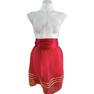 Vintage Red Sheer Chiffon Apron Gold Rickrack Trim Satin Bow